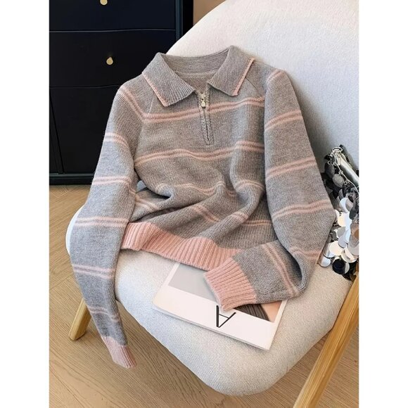 Stylish Striped Knit Sweater – Color Block & Polo Collar - Picture 1 of 4